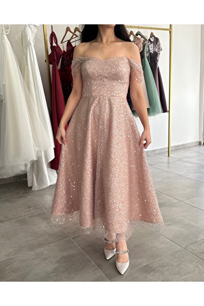 SEDABULBULTASARİM Pudra Pembe Dantelli Straplez Abiye Elbise