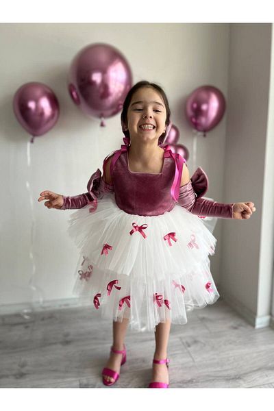 Sare Çocuk Giyim Girl's Fuchsia Pink Birthday Mini Bow Detailed Tutu Evening Dress Party Dress, + Buckle + Oversleeves