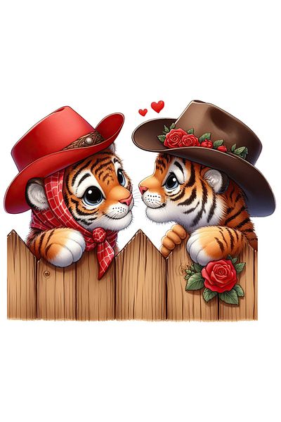 StoryGift Romania Sticker With 2 Tigers, Illustration, Wild West, Cowboy Hat, Fence, Roses, Heart