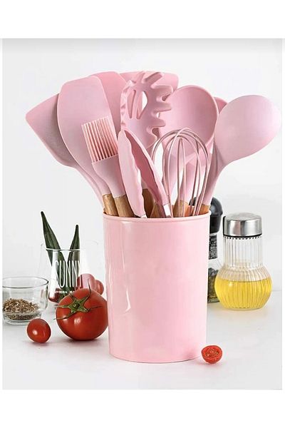 Simplicty Kitchen Utensil Set Silicone Spoons with Wooden Handle - 12 Pieces