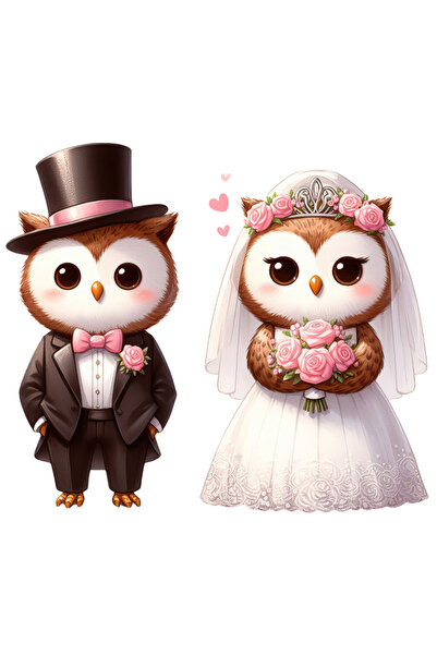 StoryGift Romania Sticker Adeziv 90CM cu 2 bufnite la nunta, ilustratie, casatorie, rochie de mireasa, buchet cu