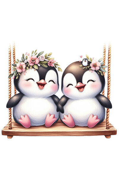 StoryGift Romania Sticker Adeziv 90CM cu 2 pinguini care se dau in leagan, ilustratie, fericiti, veseli, jucausi