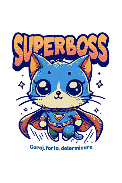 StoryGift Romania Sticker Autocolant 70CM Super BOSS, SuperErou, Pisica Zburand cu Margini Albe, PVC Vinyl 70 cm