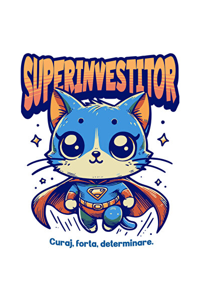 StoryGift Romania Sticker Eticheta 40CM Super Investitor, SuperErou, Pisica Zburand cu Margini Albe, PVC Vinyl 40 cm
