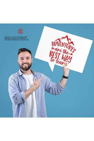 StoryGift Romania Exterior Sticker with mountains and the message "Adventures are the best ways to learn" - travel