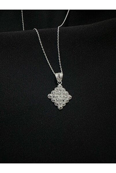 bigakan 925 Ayar Telkari Gümüş Kolye – Bereket Modeli Kare Tasarım, El İşçiliği