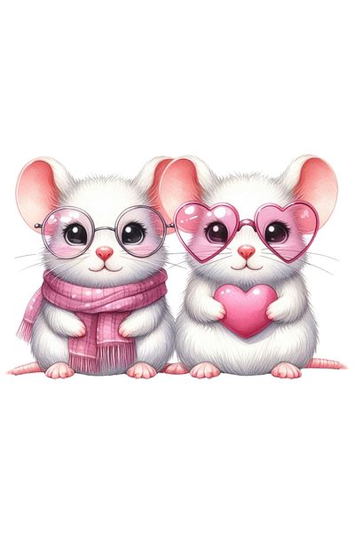 StoryGift Romania Sticker Cu 2 Soricei, Ilustratie, Inima, Afectiune, Valentine's Day, Ochelari, Fular, Prie