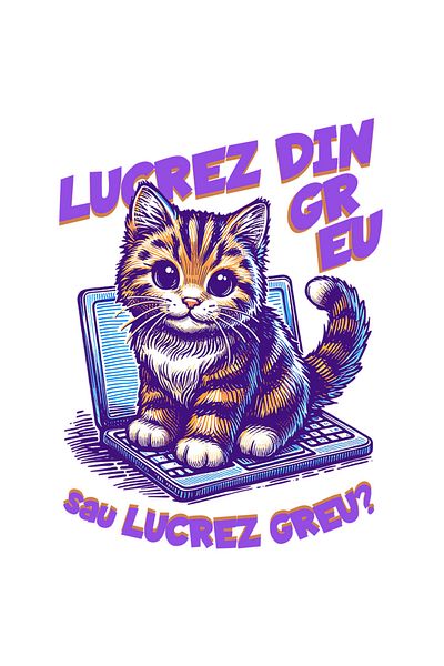 StoryGift Romania Sticker Autocolant 70CM Pisica laptop cu mesaj haios _lucrez din greu_ cu Margini Albe, PVC Vi