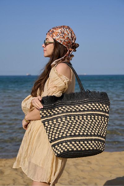Tina İstanbul Oversize Checkerboard Patterned Straw Bag Black