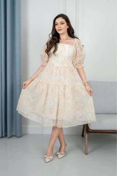 SOOL Medium Length Dress in Cream with Elegant Embroidery