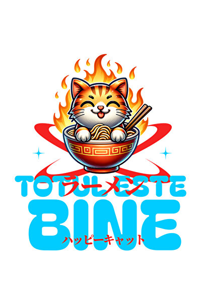 StoryGift Romania Sticker Autocolant 70CM Pisica Ramen - Totul este Bine cu Margini Albe, PVC Vinyl 70 cm