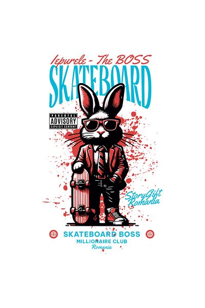 StoryGift Romania Rabbit Sticker - The Boss, Skateboard Millionaire Club with White Edges, PVC Vinyl 40 cm