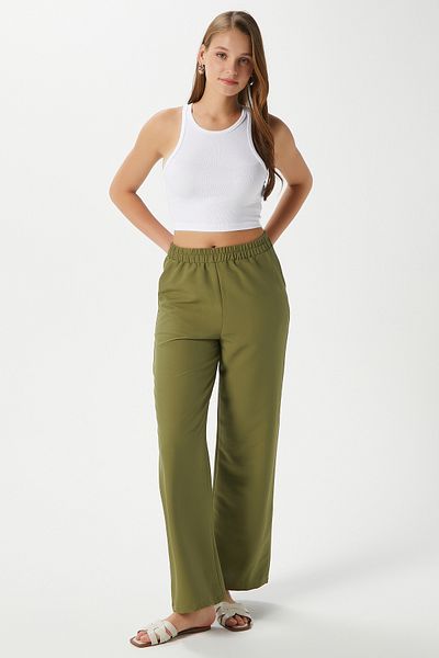 Ritnice Women's Sasha Cool Texture Waist Elastic Khaki Palazzo Trousers