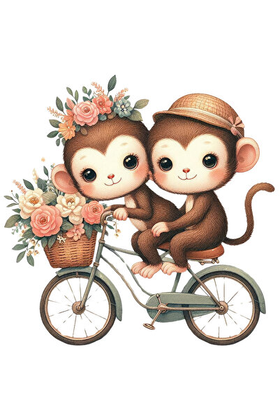 StoryGift Romania Sticker Eticheta 40CM cu 2 maimute care se plimba cu bicicleta, ilustratie, cos cu flori, natu