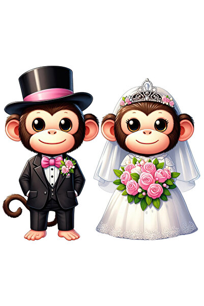 StoryGift Romania Sticker Eticheta 50CM cu 2 maimute la nunta, ilustratie, ro...