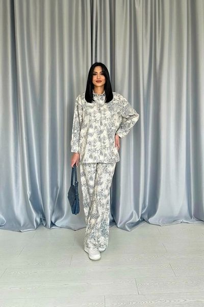 nedo7 Gray Leopard Patterned Jacket and Trousers Linen Set