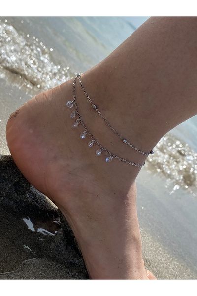 kurukafagift Steel Anklet Double Model Zircon Stone Heeled Adjustable Dangle Model