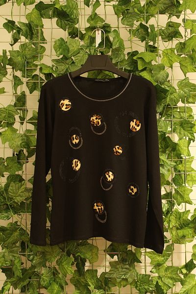YXL COLLECTION Women's Large Size Lycra Leopard Applique Stone Printed Long Sleeve Mother T-Shirt Blouse - Black