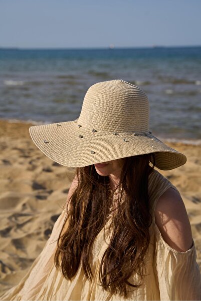 Tina İstanbul Taşlı Geniş Hasır Şapka Bej