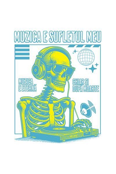 StoryGift Romania Sticker Skeletons DJ in the club Music is my soul with White Borders, PVC Vinyl 50 cm