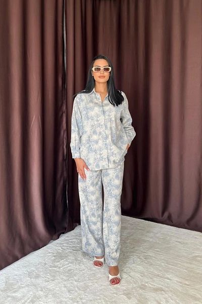 nedo7 Blue Leopard Patterned Jacket and Trousers Linen Set