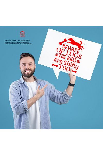 StoryGift Romania Sticker Eticheta 40CM Exterior cu un caine si cateva oase cu mesajul "Atentie la caini. Si cop