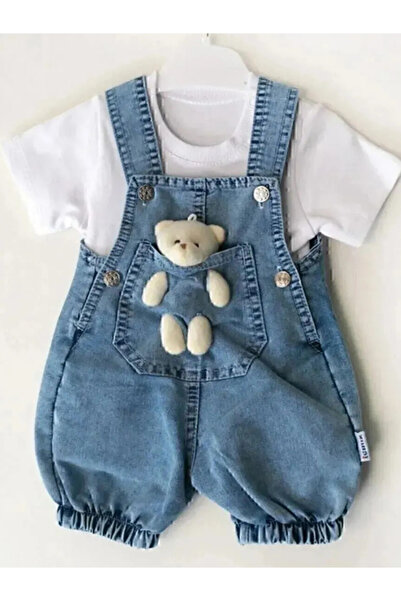 AYVELLA Yazlık Kot İki Parçalı Bebek Ayıcık Takım Beyaz T-Shirt ve Salopet Pa...