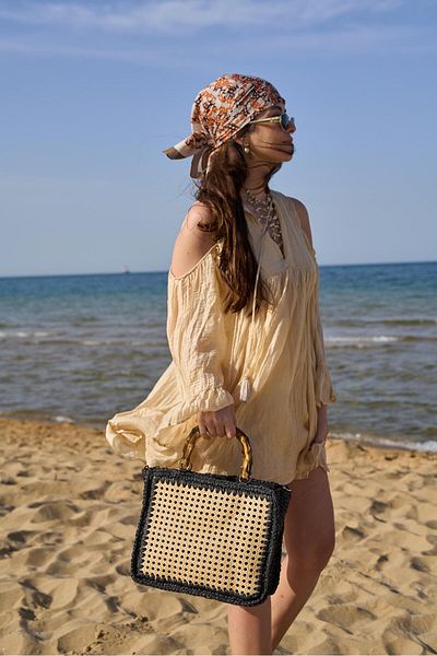Tina İstanbul Rattan Wicker Bag with Handles Black