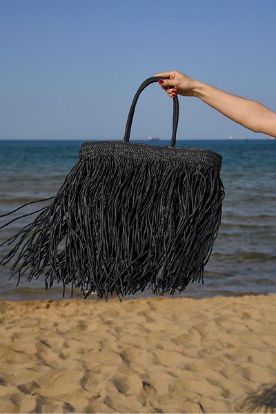 Tina İstanbul Oversize Fringed Straw Bag Black