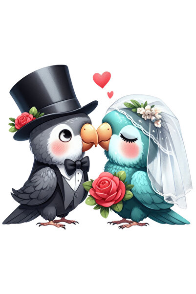 StoryGift Romania Sticker Cu 2 Papagali La Nunta, Ilustratie, Iubire, Mireasa, Ginere, Moment Important, Flo