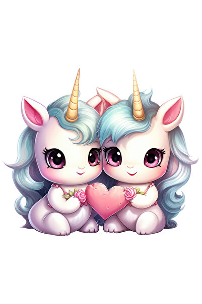 StoryGift Romania Sticker Eticheta 40CM cu 2 unicorni care tin o inima, flori...