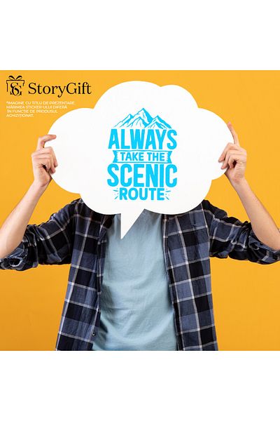 StoryGift Romania Exterior sticker with mountains and a message in English urging you to always take the scenic/picturesque route