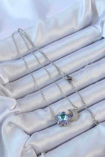 Skygo 316L Steel Chain Silver Color Moon Design Colorful Zircon Stone Flower Necklace - Tj-Bko9136