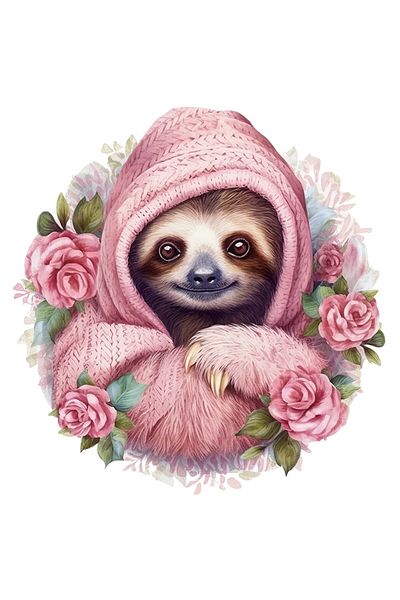 StoryGift Romania Sticker Adeziv 90CM cu animalul Sloth/lenes, ilustratie, imbracat gros, frig, floricele, roz,