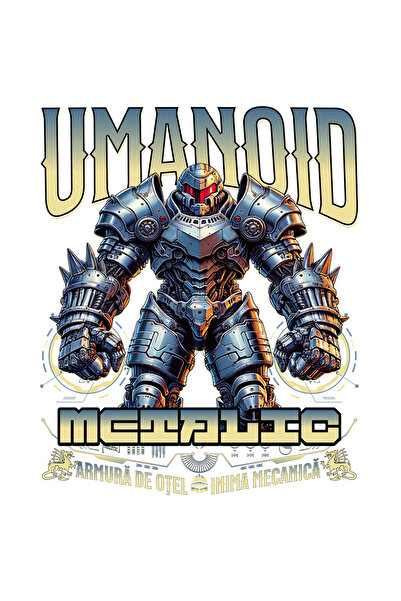 StoryGift Romania Sticker Autocolant 70CM Adeziv Umanoid metalic. Armura de otel. inima mecanica cu Margini Alb