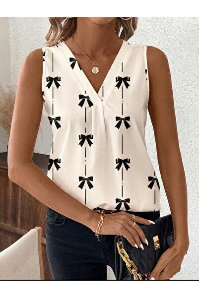 Moda Monisa Kadın Leopar, Fiyonk, Çiçek Baskılı Kolsuz Bluz - V Yaka Süprem K...