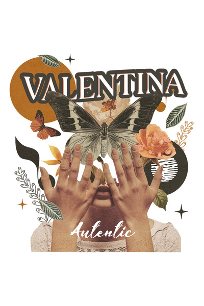 StoryGift Romania Sticker Autocolant 70CM Cu Numele Valentina, Colaj Fata, Fluture, Flori, Cerc cu Margini Albe,