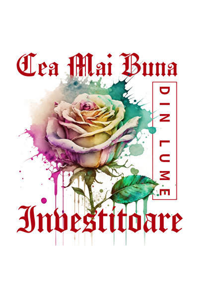 StoryGift Romania Sticker Eticheta 40CM Cu Textul Cea Mai Buna Investitoare, Din Lume, Floare, Trandafir Colorat