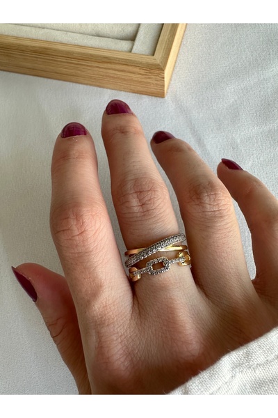 ringbox Çift Renkli Halka Zincir Taş Detaylı Yüzük