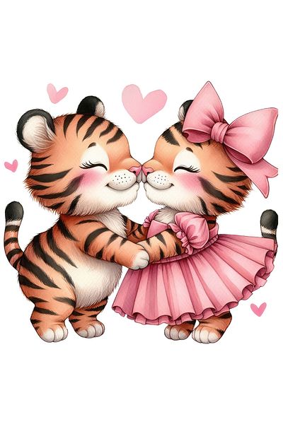 StoryGift Romania Adhesive Sticker 90CM with 2 tigers, illustration, closeness, friendship, affection, dress, hearts