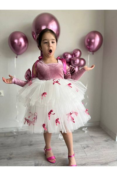 Sare Çocuk Giyim Girl's Fuchsia Pink Birthday Mini Bow Detailed Tutu Evening Dress Party Dress, + Buckle + Oversleeves