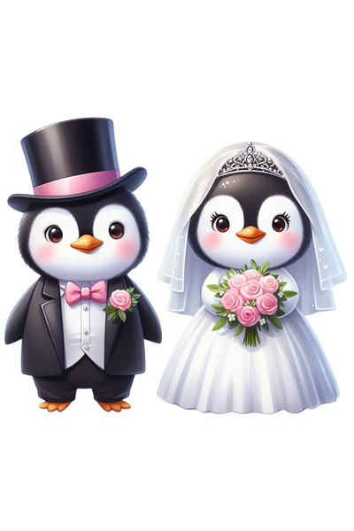 StoryGift Romania Sticker Eticheta 50CM cu 2 pinguini la nunta, ilustratie, r...