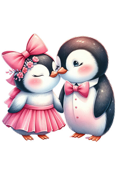 StoryGift Romania Sticker Autocolant 70CM cu 2 pinguini, ilustratie, funda, fustita, papion, prietenie, afectiun