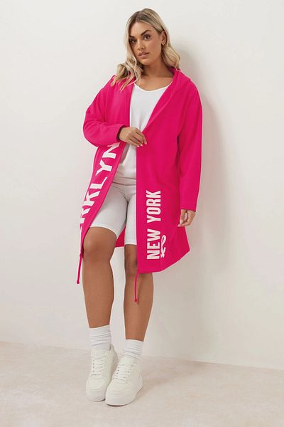 Stil Diva Large Size Hooded Long Sleeve Letter Printed Pocketless Cardigan 303983