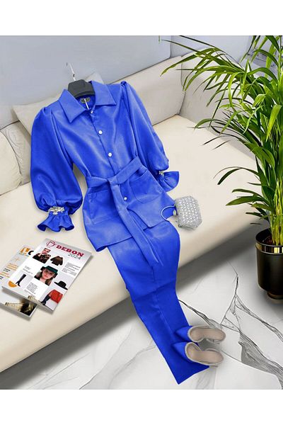 zümrüt moda Sleeve Stone Detailed Tunic and Pants, Double Satin Set 1721