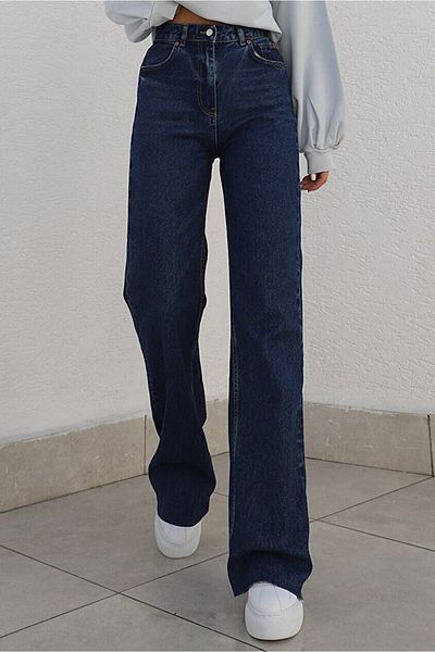 Trn JNS Camelia Lycra Women's Dark Blue Super High Waist Loose Leg Denim Loose Palazzo Trousers