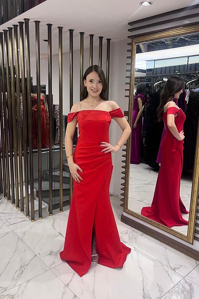 By Saygı Women's Rhinestone Thin Strap Low Sleeve Satin Madonna Collar Lined Draped Double Fish Dress
