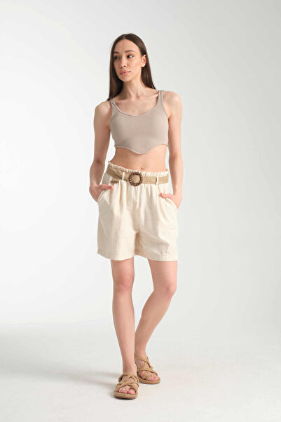 İLKCET MODA Linen Blend Women's Shorts with Belt