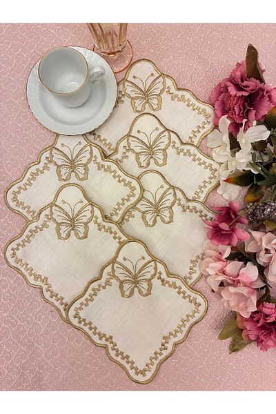 Mustgross 6 Pieces Fabric Presentation Napkins - Coffee Side Embroidered Presentation Napkin, Cocktail Napkin