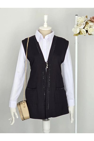 LİFERA Combed Stone Detailed Mother's Vest with Pockets